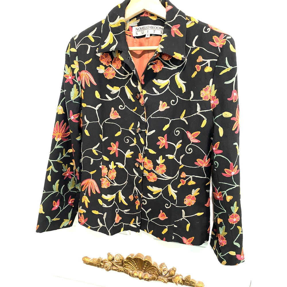 NOVIELLO BLOOM SUITS - black & colorful flower embodied  wool jacket, size 6